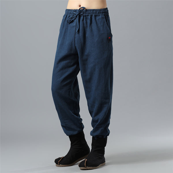 Men Causal Pure Color Cotton and Linen KungFu Jogger Pants