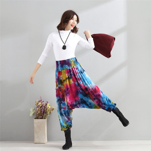 Women Casual Loose Colorful Linen and Cotton Silk Hanging Crotch Pants