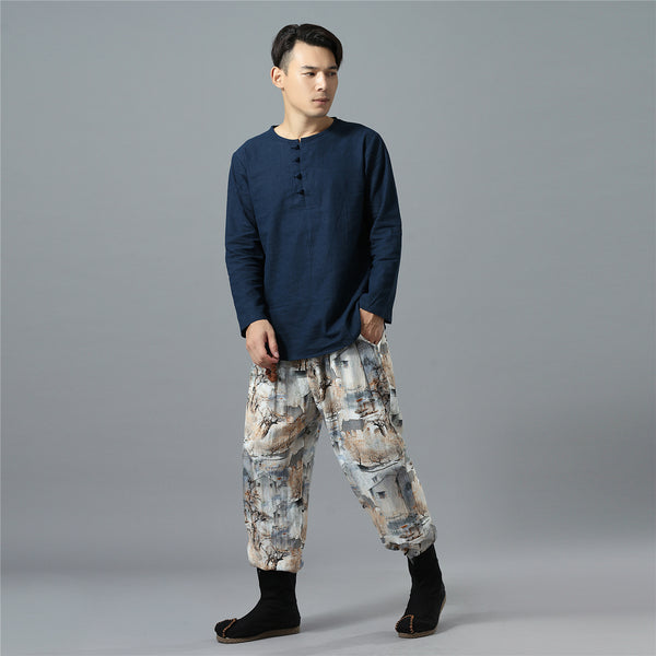 Men Casual Loose Cotton and Linen Chinese Scenery Printed Hanging Crotch Dancing Pants