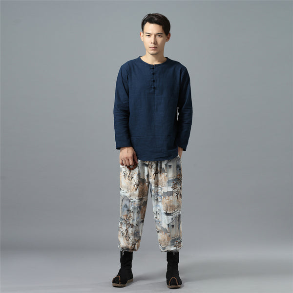 Men Casual Loose Cotton and Linen Chinese Scenery Printed Hanging Crotch Dancing Pants