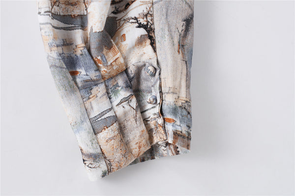 Men Casual Loose Cotton and Linen Chinese Scenery Printed Hanging Crotch Dancing Pants