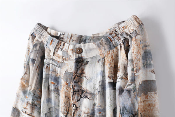 Men Casual Loose Cotton and Linen Chinese Scenery Printed Hanging Crotch Dancing Pants