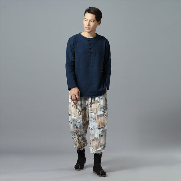 Men Casual Loose Cotton and Linen Chinese Scenery Printed Hanging Crotch Dancing Pants