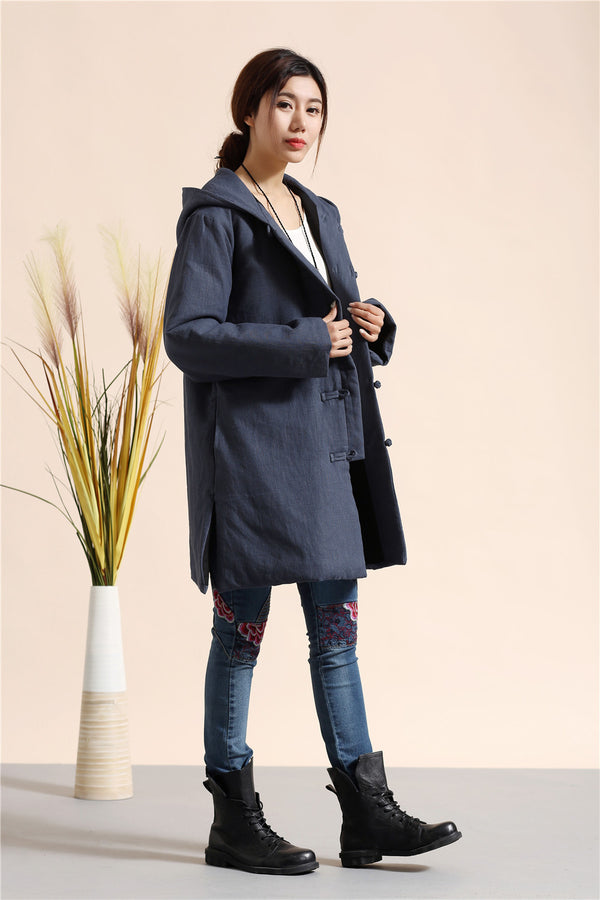 Women Retro Style Causal Middle Length Linen and Cotton Quilted Coat