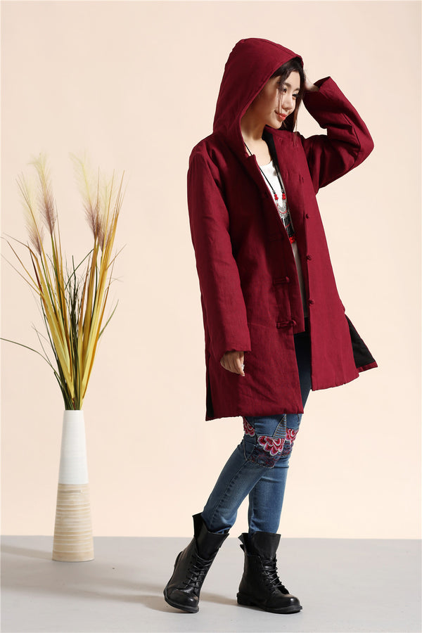 Women Retro Style Causal Middle Length Linen and Cotton Quilted Coat