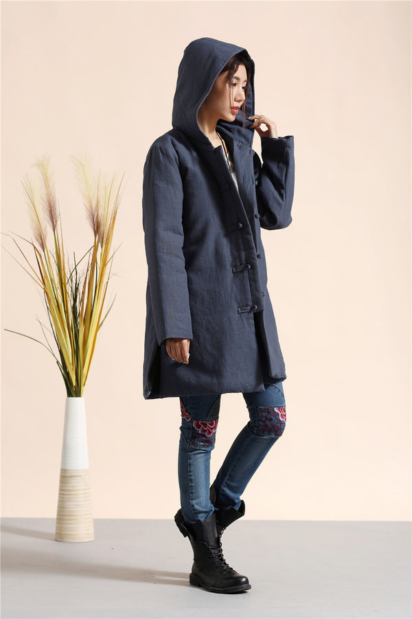 Women Retro Style Causal Middle Length Linen and Cotton Quilted Coat