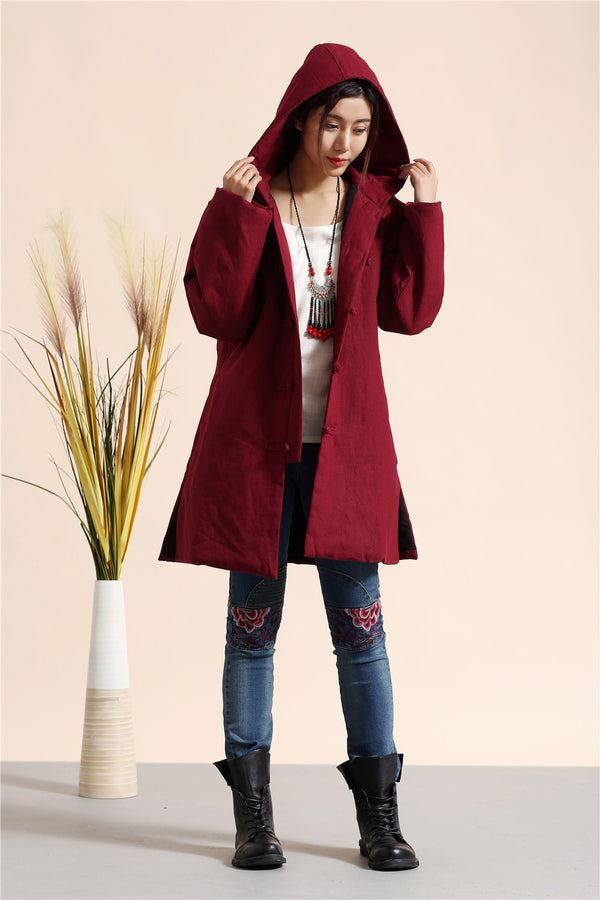 Women Retro Style Causal Middle Length Linen and Cotton Quilted Coat