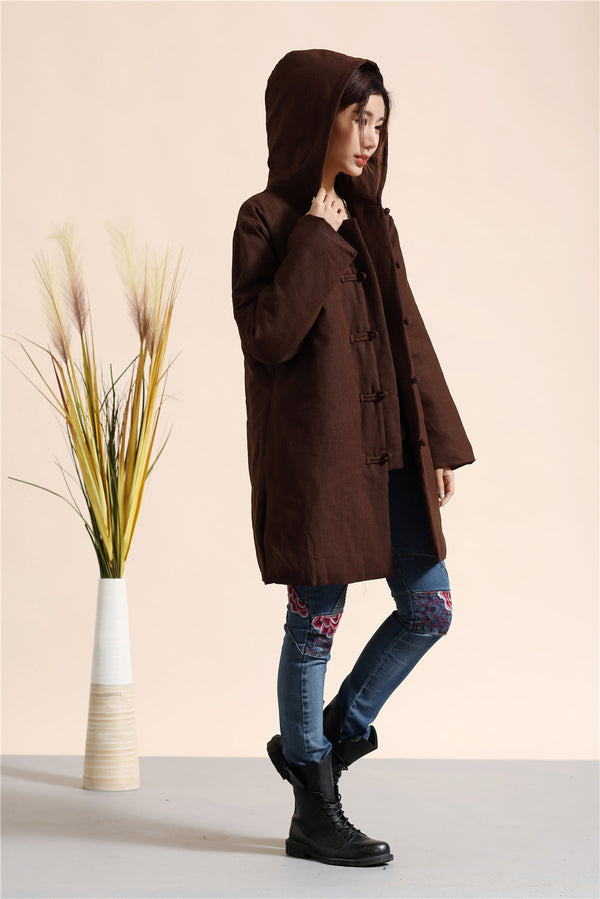 Women Retro Style Causal Middle Length Linen and Cotton Quilted Coat