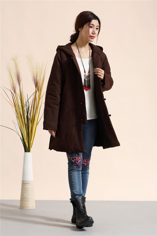 Women Retro Style Causal Middle Length Linen and Cotton Quilted Coat