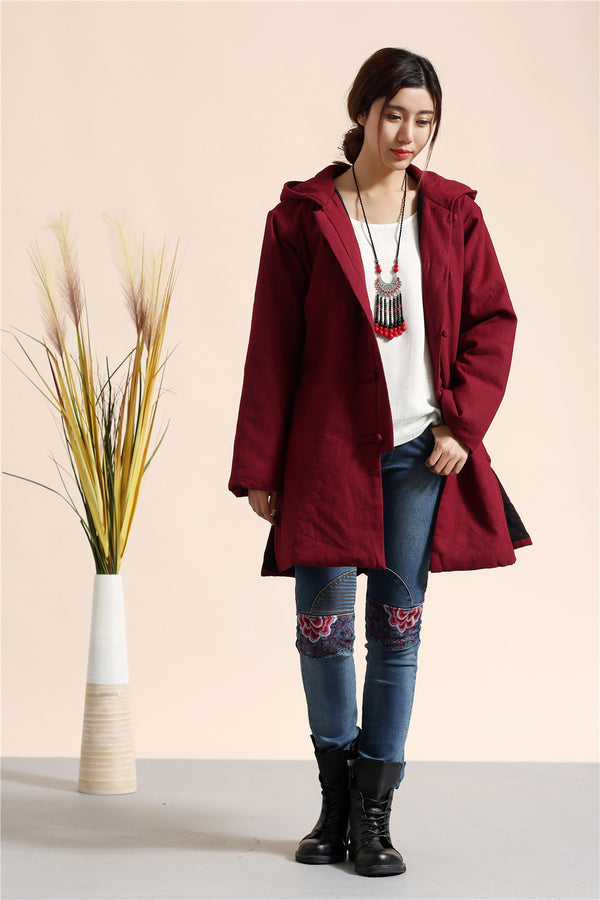 Women Retro Style Causal Middle Length Linen and Cotton Quilted Coat