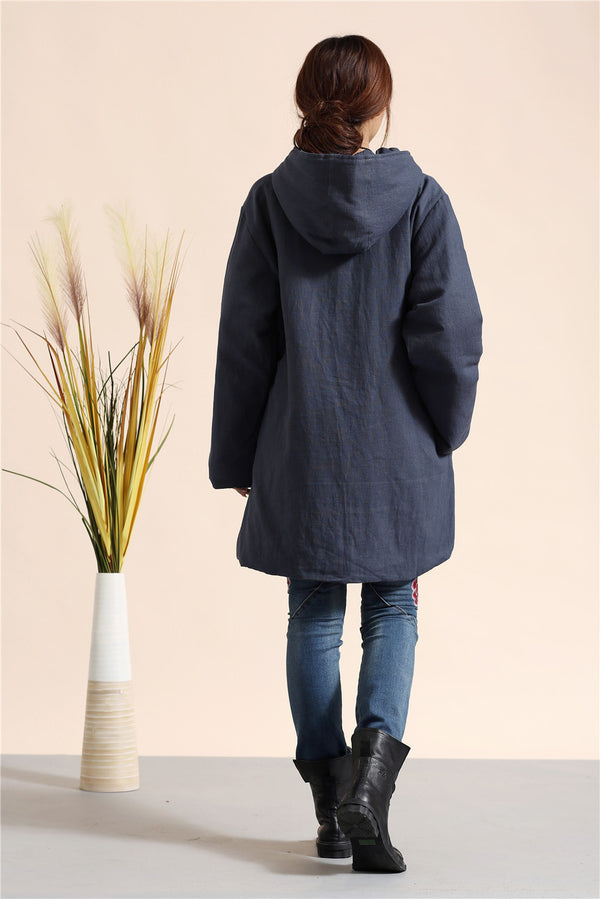 Women Retro Style Causal Middle Length Linen and Cotton Quilted Coat