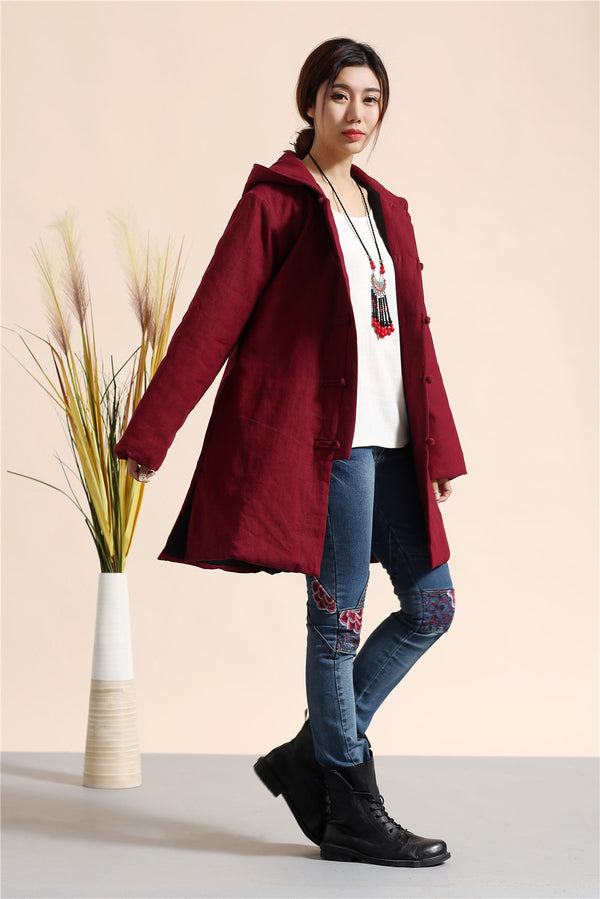 Women Retro Style Causal Middle Length Linen and Cotton Quilted Coat