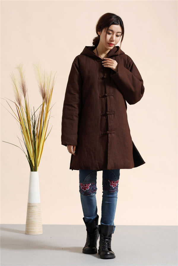 Women Retro Style Causal Middle Length Linen and Cotton Quilted Coat