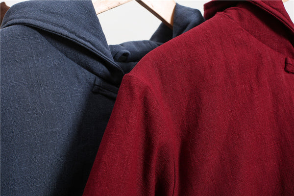 Women Retro Style Causal Middle Length Linen and Cotton Quilted Coat