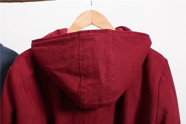 Women Retro Style Causal Middle Length Linen and Cotton Quilted Coat
