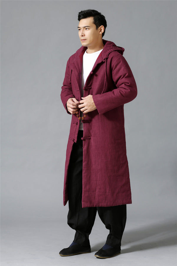 Men New Hangfu Kungfu Style Linen and Cotton Quilted Long Coat Hoodie