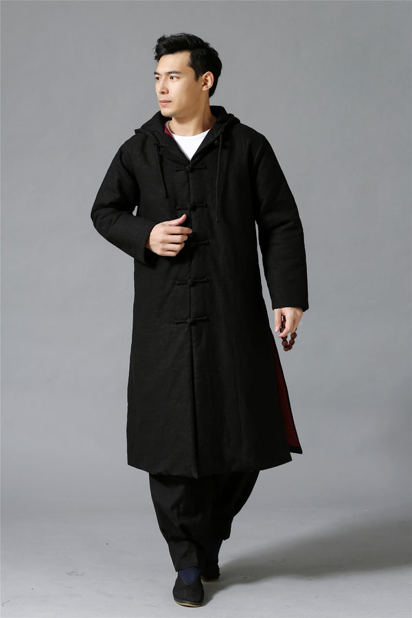 Men New Hangfu Kungfu Style Linen and Cotton Quilted Long Coat Hoodie