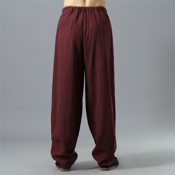 Men Loose Causal Pure Color Cotton and Linen Men Hanging Crotch Pants
