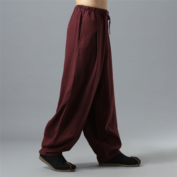 Men Loose Causal Pure Color Cotton and Linen Men Hanging Crotch Pants