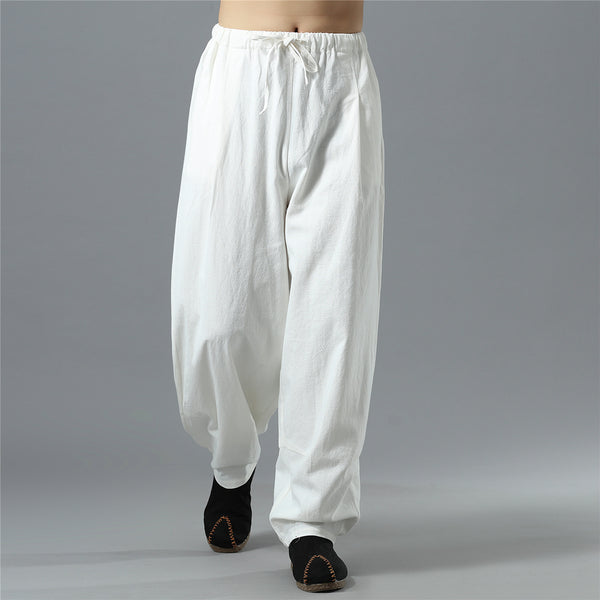 Men Loose Causal Pure Color Cotton and Linen Men Hanging Crotch Pants