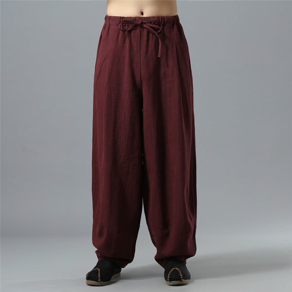 Men Loose Causal Pure Color Cotton and Linen Men Hanging Crotch Pants