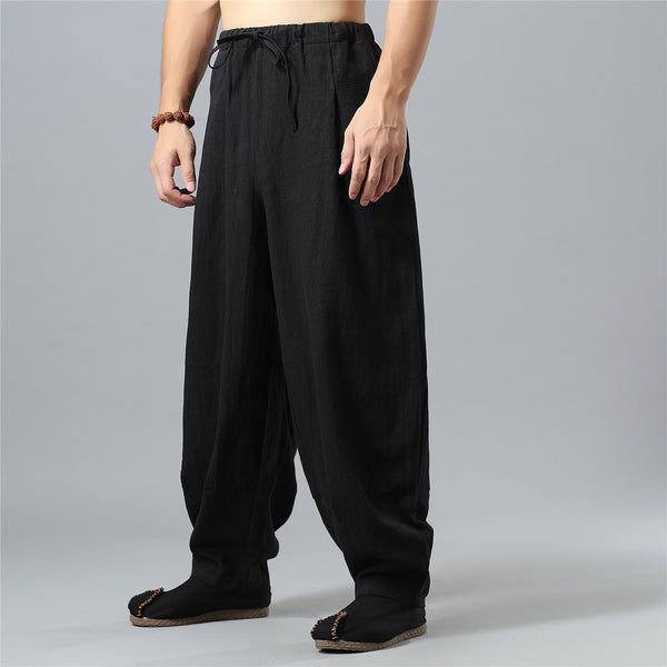 Men Loose Causal Pure Color Cotton and Linen Men Hanging Crotch Pants