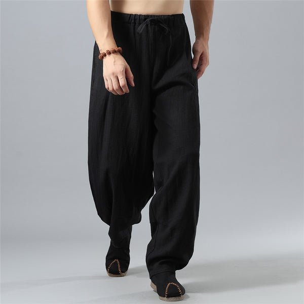 Men Loose Causal Pure Color Cotton and Linen Men Hanging Crotch Pants