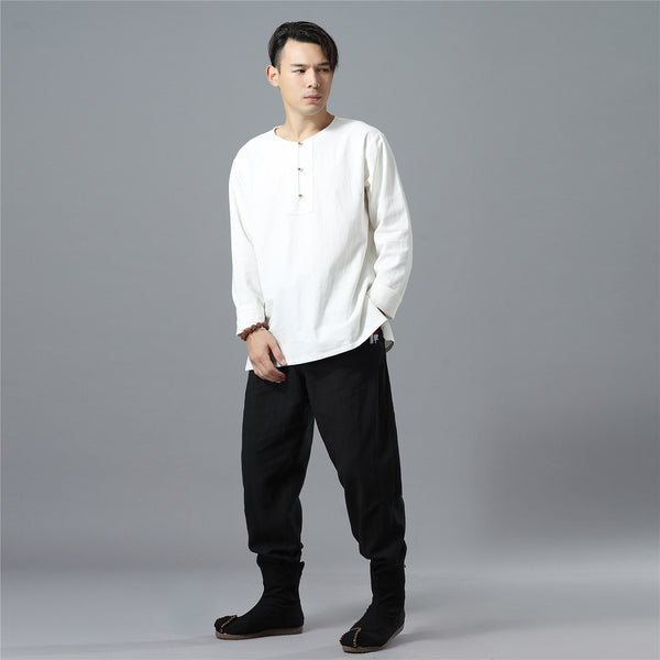 Men Retro Casual Linen and Cotton T-shirt Top