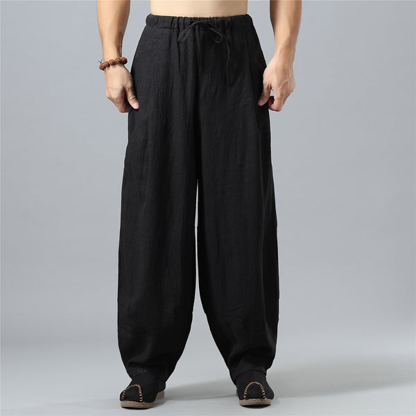 Men Loose Causal Pure Color Cotton and Linen Men Hanging Crotch Pants