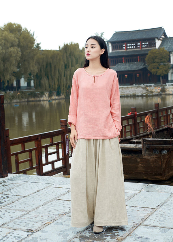 Women Loose Wide Leg Yoga Skirt Type Linen and Cotton Pants