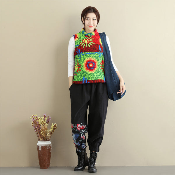 Women Retro Asian Style Quilted Printed Cotton Vest