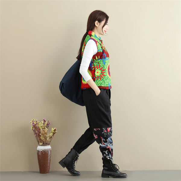 Women Retro Asian Style Quilted Printed Cotton Vest