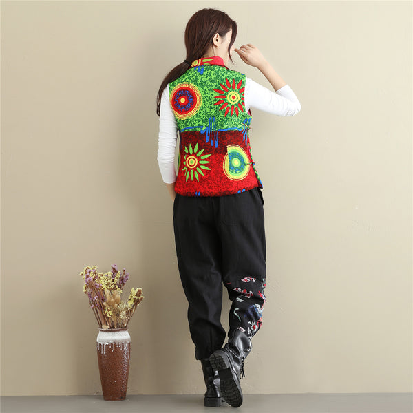 Women Retro Asian Style Quilted Printed Cotton Vest