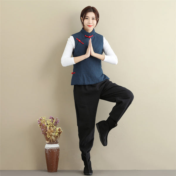 Women Retro Asian Style Quilted Linen and Cotton Vest