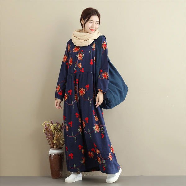 Women cotton and linen dress – Retro Loose Causal Ankle Lenght Dress