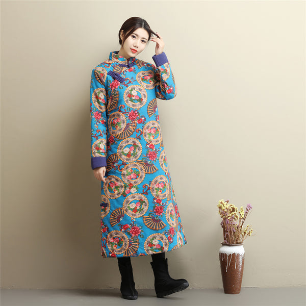 Women Retro Asian Dress Style Long Diagonal Buckle Linen and Cotton Printed Quilted Coat