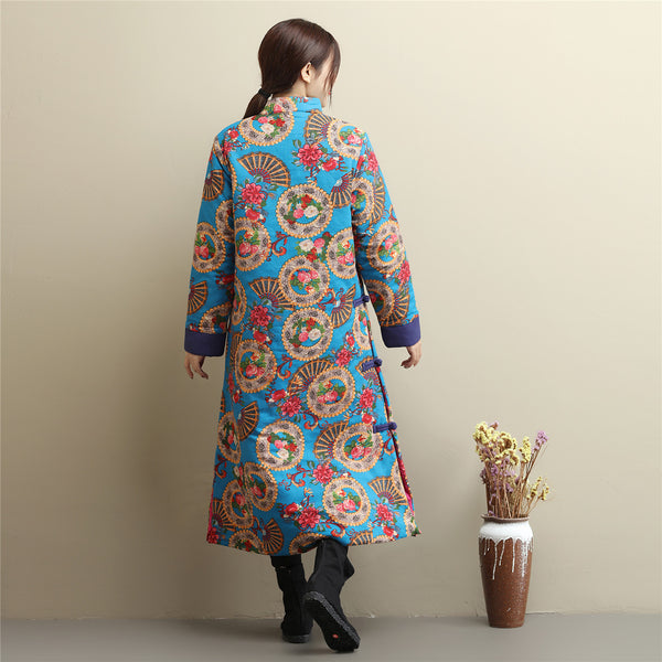 Women Retro Asian Dress Style Long Diagonal Buckle Linen and Cotton Printed Quilted Coat