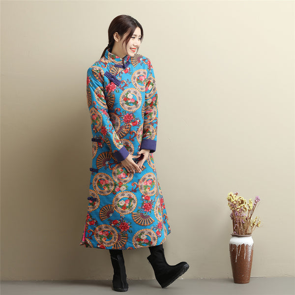 Women Retro Asian Dress Style Long Diagonal Buckle Linen and Cotton Printed Quilted Coat