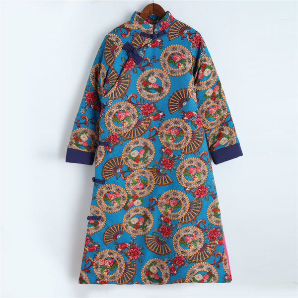 Women Retro Asian Dress Style Long Diagonal Buckle Linen and Cotton Printed Quilted Coat