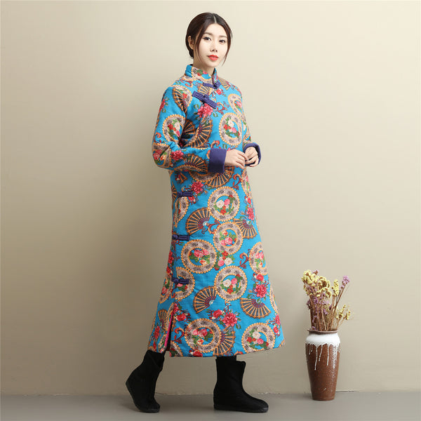 Women Retro Asian Dress Style Long Diagonal Buckle Linen and Cotton Printed Quilted Coat