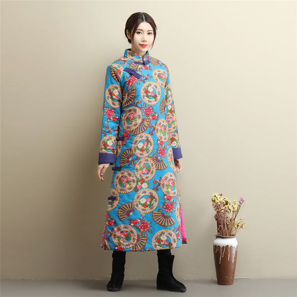 Women Retro Asian Dress Style Long Diagonal Buckle Linen and Cotton Printed Quilted Coat