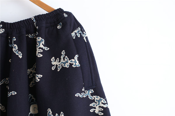 Men New Style Loose Printed Cotton and Linen Hanging Crotch Pants (inner layered with velvet)