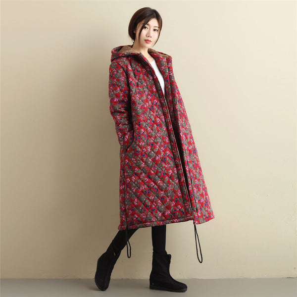 Women Casual Style Long Linen and Cotton Small Flower Printed Quilted Coat (inner with velvet)
