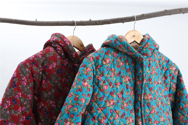Women Casual Style Long Linen and Cotton Small Flower Printed Quilted Coat (inner with velvet)