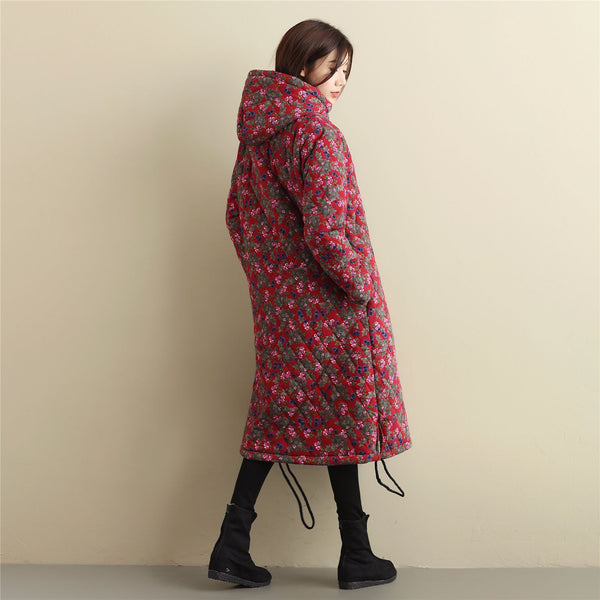 Women Casual Style Long Linen and Cotton Small Flower Printed Quilted Coat (inner with velvet)