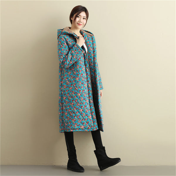 Women Casual Style Long Linen and Cotton Small Flower Printed Quilted Coat (inner with velvet)