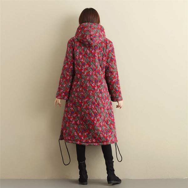 Women Casual Style Long Linen and Cotton Small Flower Printed Quilted Coat (inner with velvet)