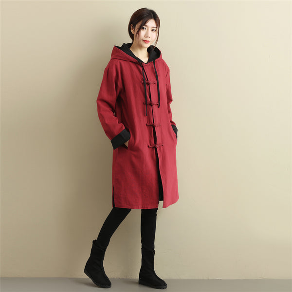 Women Simple Pure Color Double-sided Linen and Cotton Coat Hoodie
