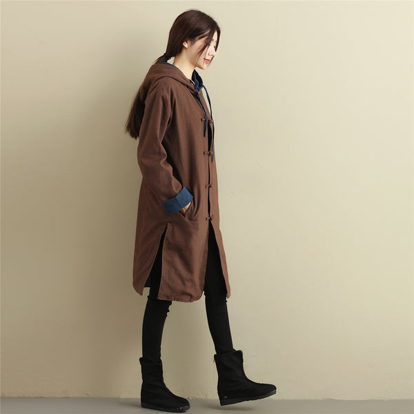 Women Simple Pure Color Double-sided Linen and Cotton Coat Hoodie