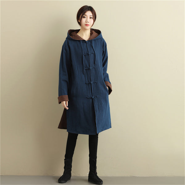 Women Simple Pure Color Double-sided Linen and Cotton Coat Hoodie